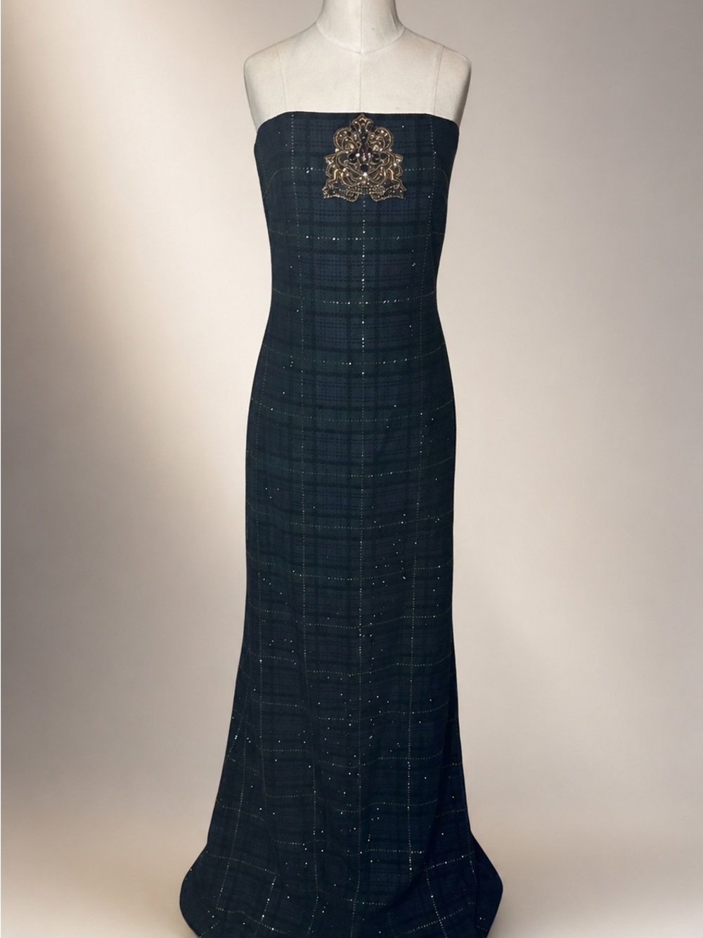 Ralph Lauren Purple Label Strapless Dark Green Plaid Gown with Gold Appliqué